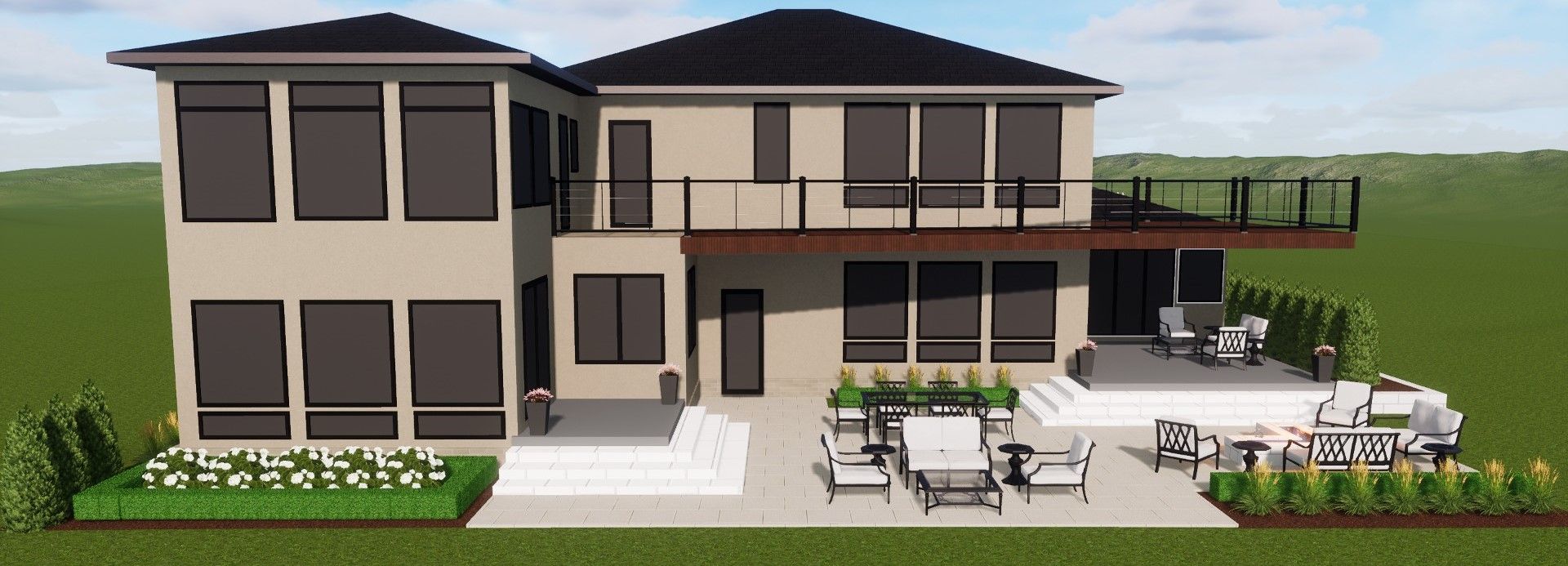 3D render of house with raised and level patios, fire pit, shrubbery, and tables w/ chairs..