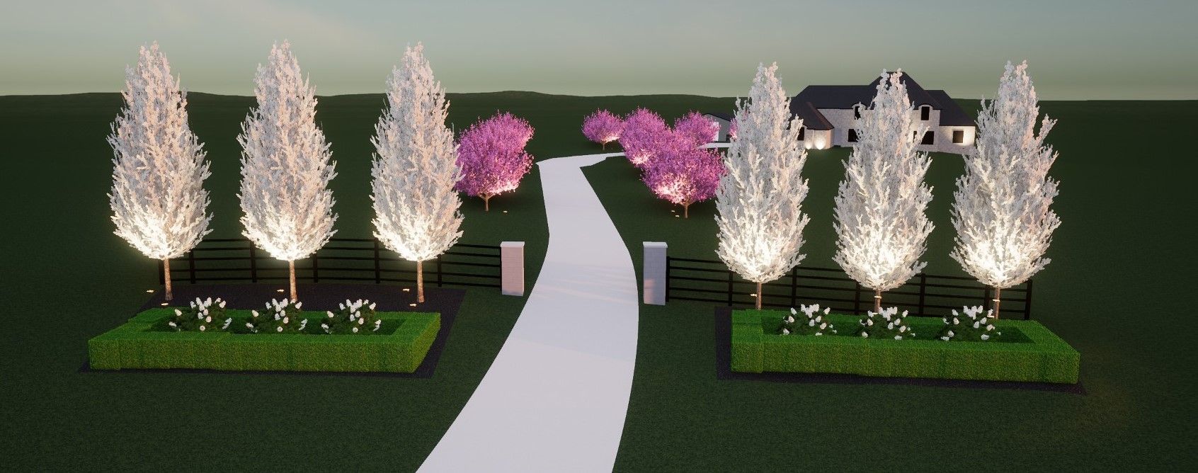 3D rendered design of driveway entrance with fence, trees, shrubberies, and house.